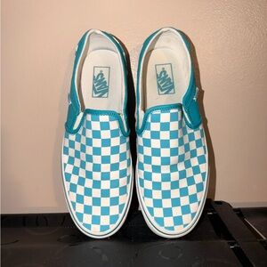 Vans Teal and White Checkered Slip-Ons